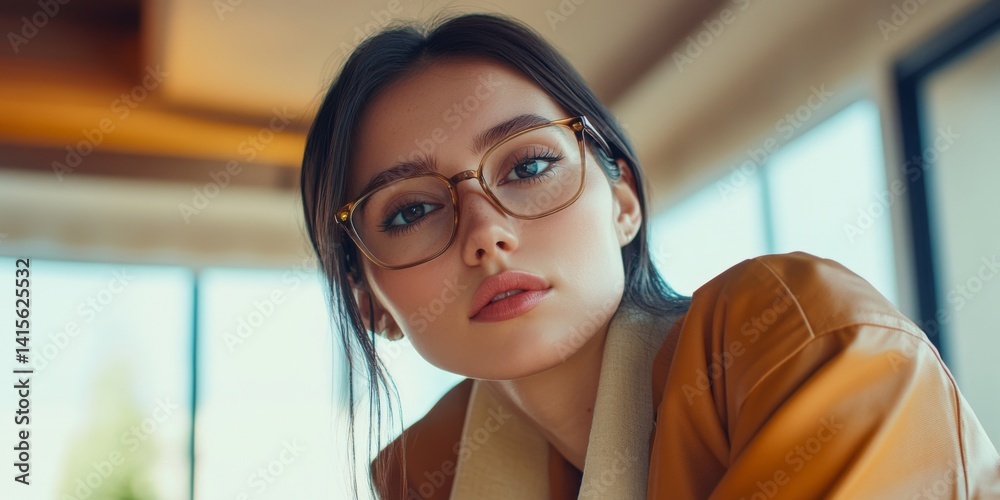 A stylish young woman with glasses poses indoors. The warm lighting highlights her confident expression. This portrait captures modern elegance and sophistication. AI