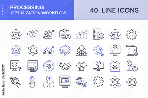 A set of 40 line art icons arranged in a 5x8 grid format, depicting processing optimization workflow concepts. The icons are rendered in dark blue on a white background