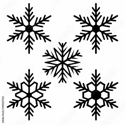 Set of Five Black Silhouette Snowflakes in Various Styles