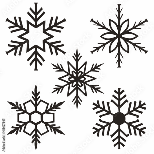 Set of Five Black Silhouette Snowflakes in Various Styles
