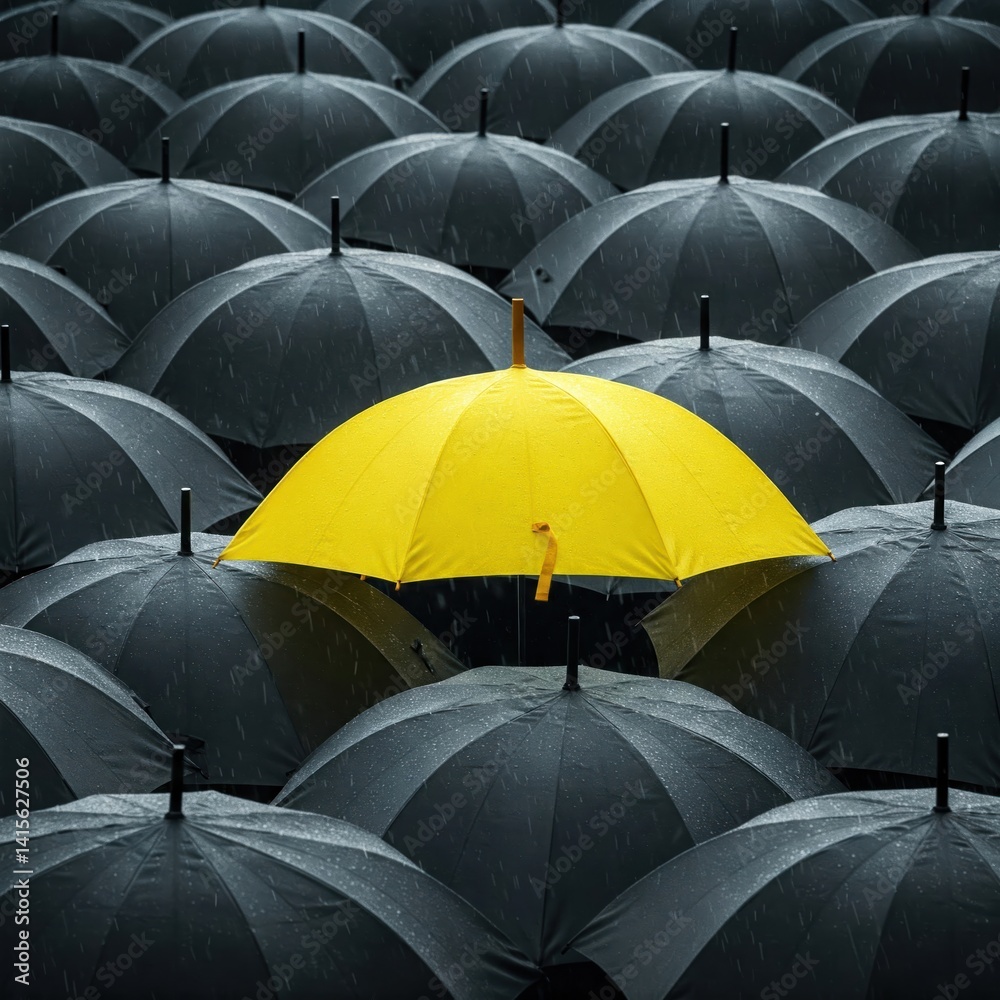 Obraz premium One yellow umbrella among many black ones in the rain.