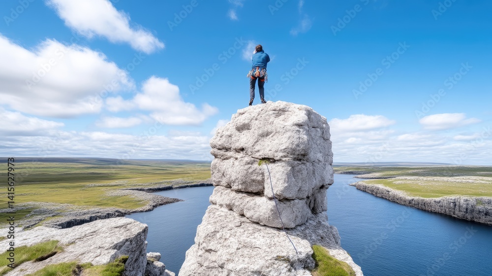 Obraz premium Adventurous climber atop a rocky summit overlooking a vast landscape