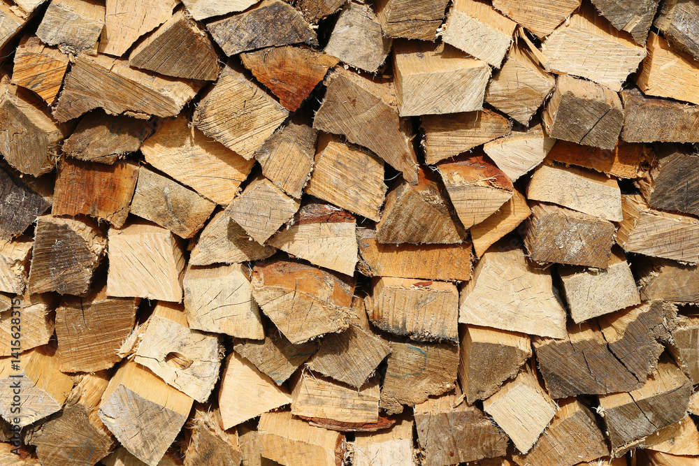 Stacked firewood texture. Natural wood pile. Rustic timber wall. Chopped logs background. Dry wood surface. Winter fireplace fuel. Forest lumber closeup. Warm rustic energy source stack.