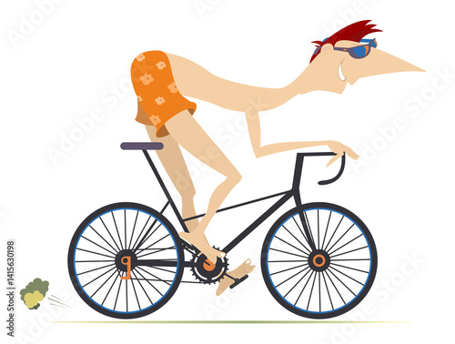 Happy cycling young man. 
Hot day. Smiling young man in sunglasses riding bicycle wearing only shorts. Isolated on white background
