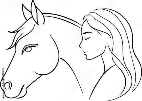Minimalist Line Art Horse and Woman Side Profile, Black Outline, Elegant Aesthetic