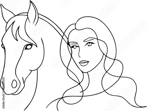 Minimalist Line Art Woman and Horse Head Profile, Elegant, Equine, Simple Drawing