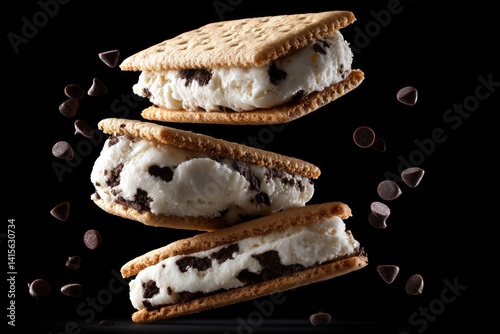 A delicious shot of three ice cream sandwiches with falling chocolate chips on a black background.