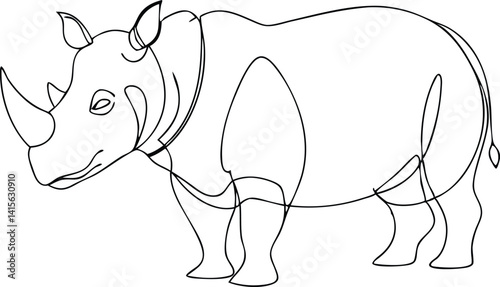 Rhinoceros Line Art Illustration, Single Continuous Line Drawing, Wildlife Animal, Horned