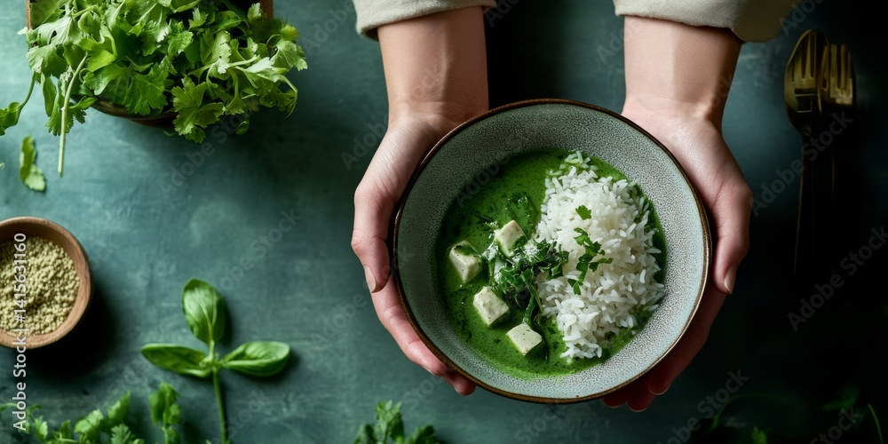 A vibrant meal featuring green curry and rice in a bowl. Fresh herbs surround the dish, highlighting its organic appeal. Perfect for food enthusiasts and those seeking healthy dining options. AI