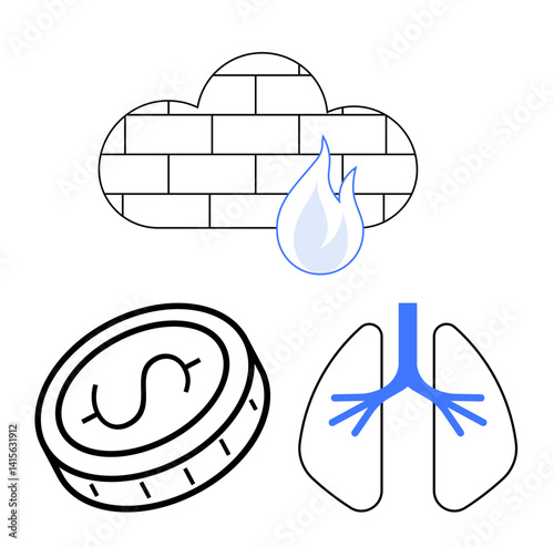 Cloud with brick wall and flame, coin with dollar sign, and outlined lungs. Ideal for cybersecurity, economy, health, safety, systems, finance and simple landing page
