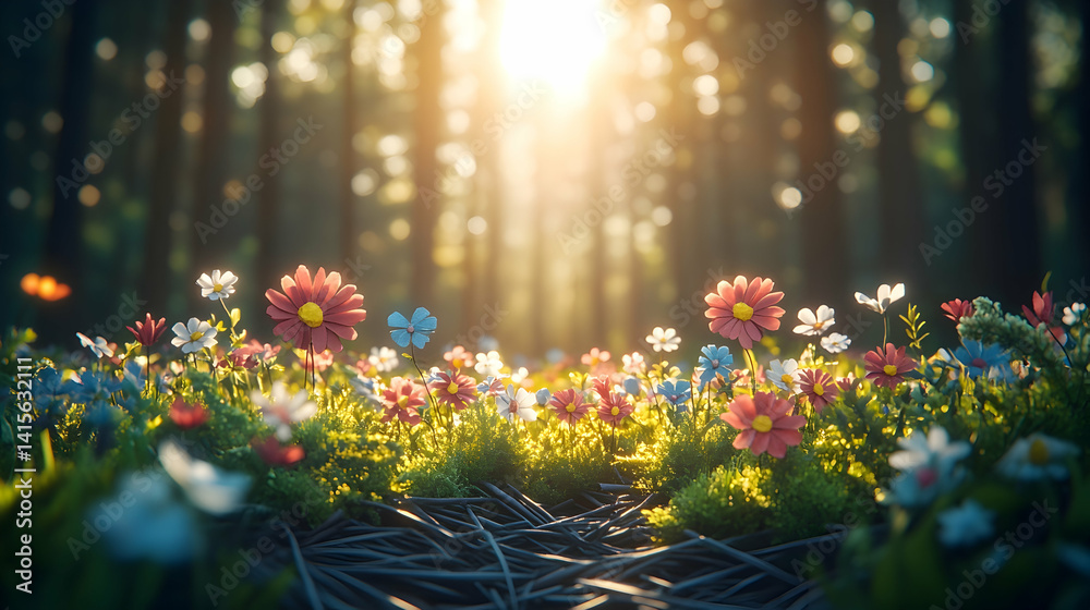 Obraz premium Field of colorful flowers in forest with sunshine beaming through the trees creating a tranquil and enchanting scene