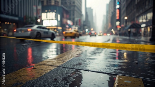 new york city at night  rainy night city street police line