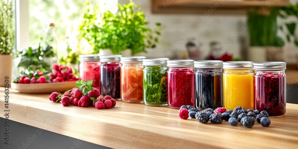 Colorful jars of homemade preserves lined up on a kitchen counter. Fresh fruits and herbs surround them, showcasing a vibrant lifestyle. Perfect for food lovers and health enthusiasts. AI
