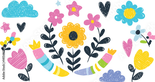 Kid crayon chalk line cloud, flower children sticker set. Hand drawn crayon doodle sketch childish cute element set. Chalk star, heart, flower color cute element background. Vector illustration
