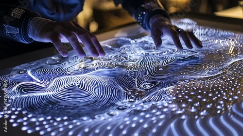 Interactive illuminated topographic map displayed on a table.  Hands trace patterns on the glowing surface
