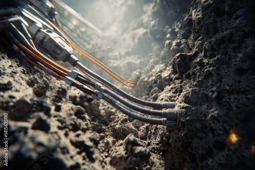 Cables emerging from rocky terrain, suggesting a technological infrastructure or a connection point in a harsh environment.