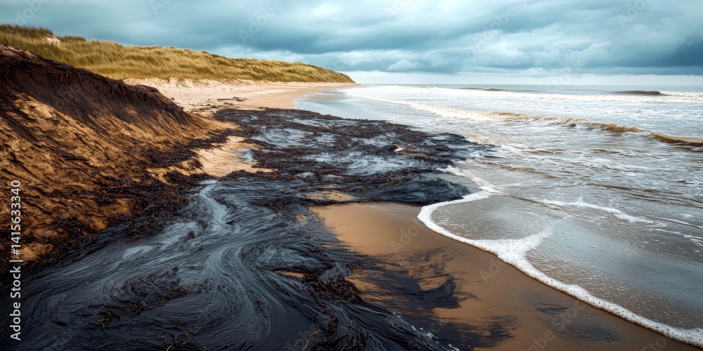 A serene coastal landscape displays a blend of sandy beaches and dark waters. The dynamic shoreline evokes a sense of calm and natural beauty. Perfect for relaxation and nature themes. AI