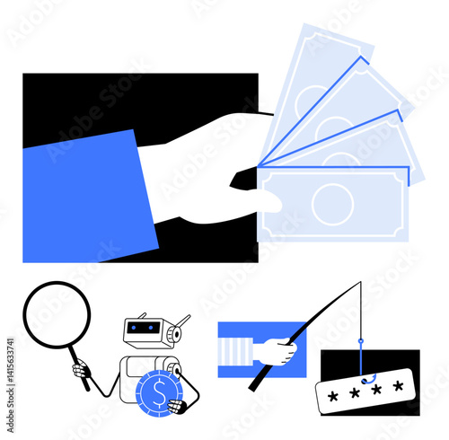 Hand with cash, robot with magnifying glass and coin, password phishing scene, phishing, fraud alert, suspicious actions, password theft, data security error prevention. Ideal for cybersecurity