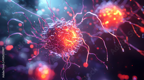 Cancer Cell Microscopic View: A detailed microscopic view of a cancerous cell, showcasing its intricate structure and aggressive nature, with vibrant colors and dramatic lighting.