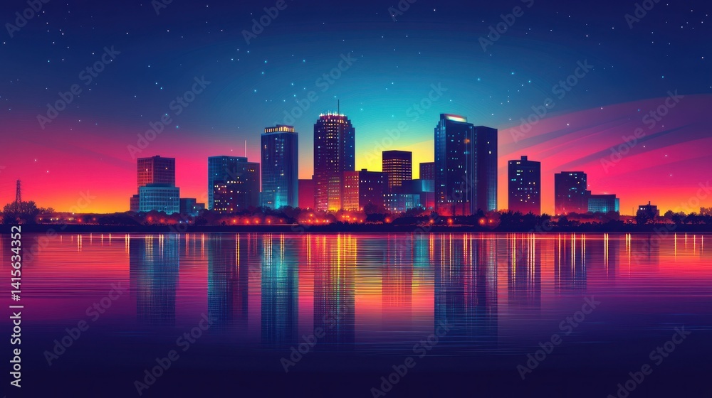 Obraz premium Vibrant city skyline at twilight reflected in water