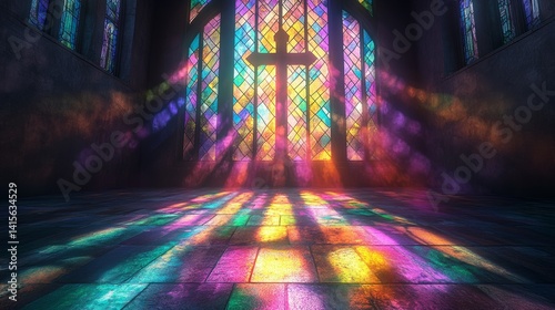 Light of Faith: A Church Interior with Stained Glass Cross Reflecting Colorful Light on the Stone Floor, Evoking Easter Hope