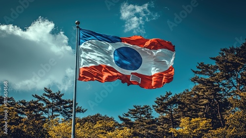 A red white and blue flag waves against a blue sky