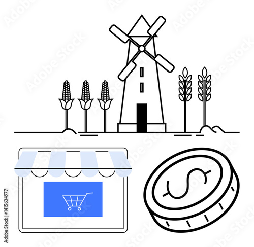 Windmill among crops, digital storefront with shopping cart graphic, and dollar coin. Ideal for online shopping, e-commerce, agribusiness, financial concepts, sustainability, rural commerce simple