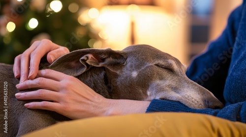 Greyhound With Long Snout Resting Gently in Owner's Hands