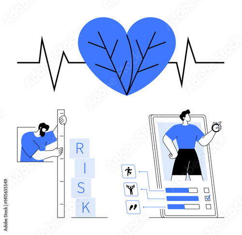 Heartbeat monitor, risk measurement blocks, fitness tracking on mobile app. Ideal for wellness, health monitoring, fitness tips, medical awareness, healthy lifestyle, health tech simple landing page