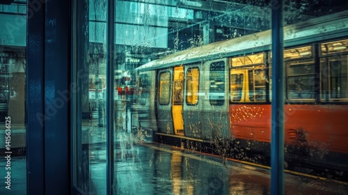 A rainy day view through glass of a train car