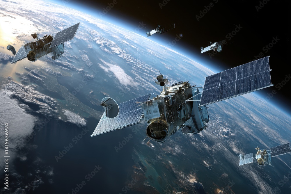 Naklejka premium A group of Satellites orbiting planet Earth in space, with an emphasis on satellite solar panels and complex structural elements.