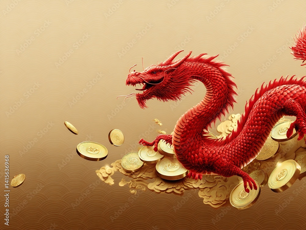 Fototapeta premium Ornate Red Chinese Dragon with Gold Coins on Golden Wave Pattern Backdrop