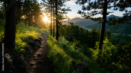 A peaceful mountain trail lined with tall trees, leading to a serene overlook with panoramic views of surrounding hills.
