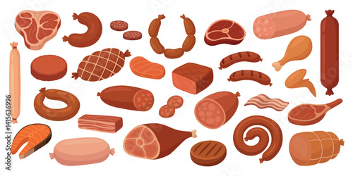 Vector Smoked and Raw Meat Products, Sausages, Steaks, Ham, Bacon, Salami, Chicken Legs Set. Flat Cartoon Icons For Butcher Shop, Deli or Menu Design. Vector Illustration