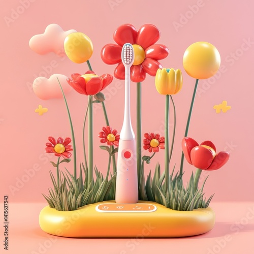Stylized 3D cartoon plastic toothbrush product on charging base with fantasy nature scene, including pink and yellow plastics, red flower sculptures, and grass full HD isolated render 