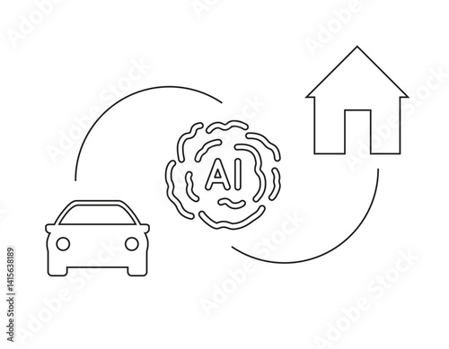 Artificial intelligence icon in abstract shape controlling house and car.