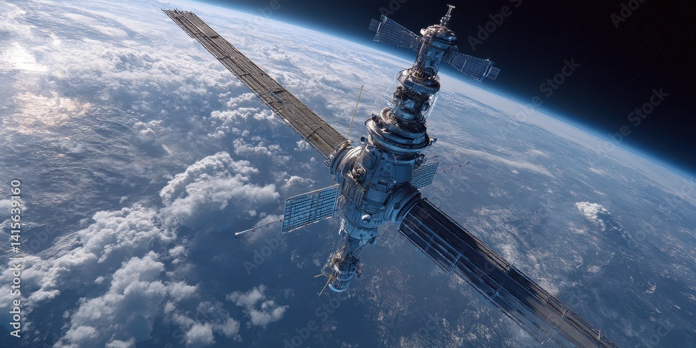 Naklejka premium Orbiting Lab: High-tech satellite station drifts across Earth's atmosphere, a solitary sentinel in the vast expanse of space.
