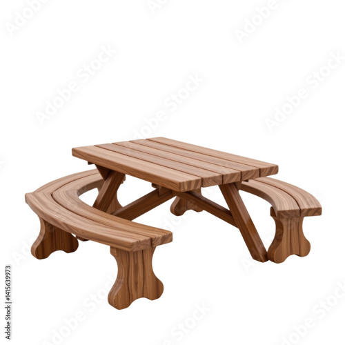 Curved wooden picnic table with attached benches, ideal for outdoor gatherings and garden settings