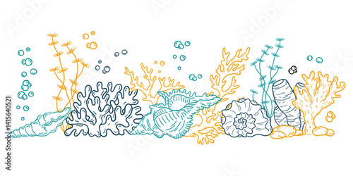 Underwater sea plants. Marine flora. Tropical water alga, seaweed, leaf grass coral shell. Exotic organic natural decoration for aquarium. Flat vector illustration isolated on white background.