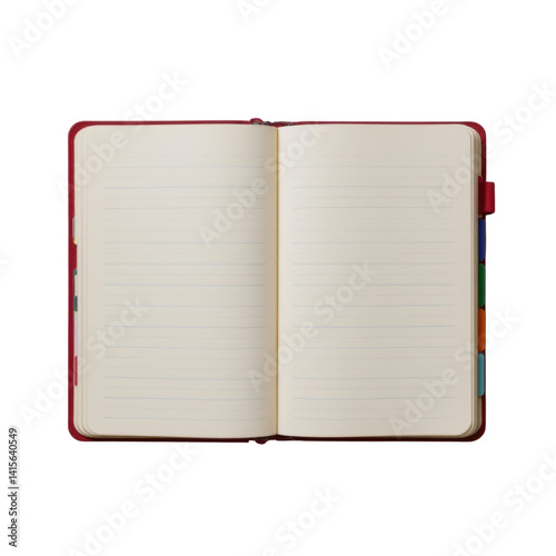 Open notebook with lined pages and colorful tabs, perfect for organizing notes and ideas. red cover adds vibrant touch