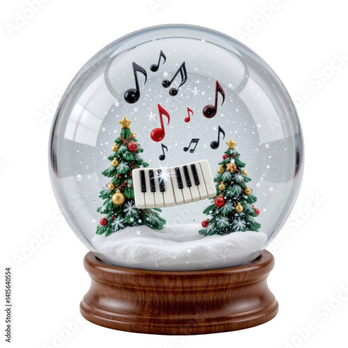 musical snow globe with floating piano keys and musical notes, surrounded by decorated Christmas trees, evokes festive and whimsical atmosphere