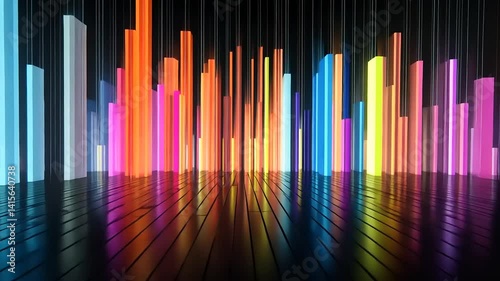 Vibrant neon soundwave visualization with colorful bars reflecting on a dark, polished surface