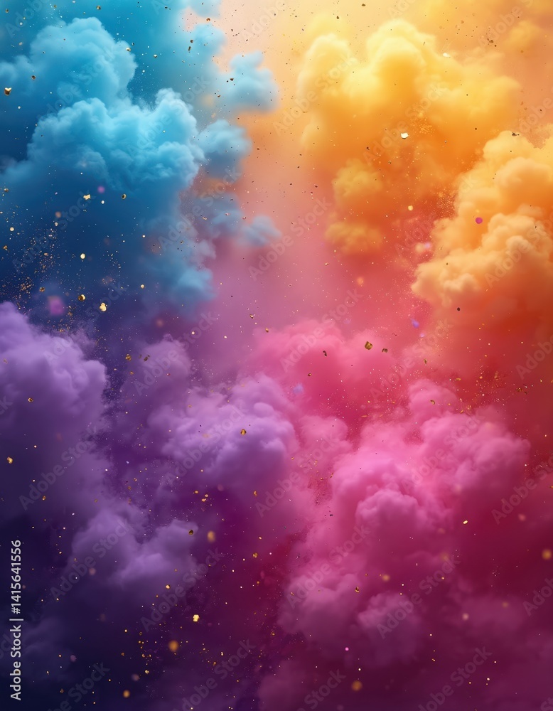 Fototapeta premium Abstract Holi festival background design. Colorful paint cloud explosion with glitter confetti. Bright multi-colored paint splash on black background. Festive poster banner template with copy space.
