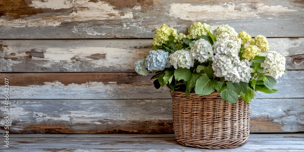 A beautiful basket of hydrangeas brightens up the rustic wooden background. The soft colors create a calming and inviting atmosphere. Perfect for home decor or floral arrangements. AI