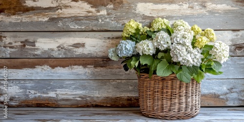 Obraz na płótnie A beautiful basket of hydrangeas brightens up the rustic wooden background. The soft colors create a calming and inviting atmosphere. Perfect for home decor or floral arrangements. AI w salonie