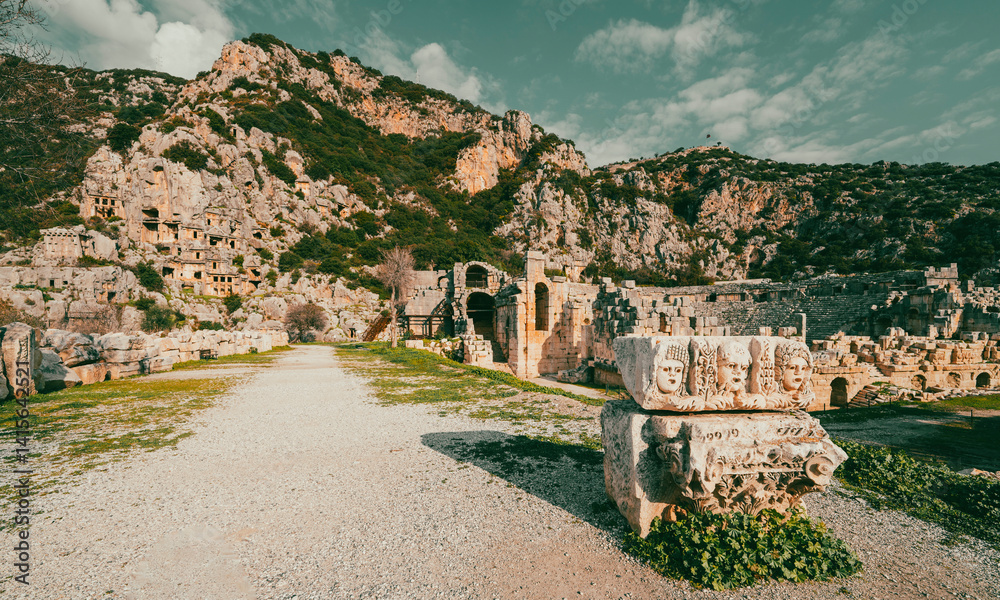 Fototapeta premium Ruins Myra Ancient City in Demre to Antalya, archaeology landmarks of Turkey. Remains of theatre in Myra, Greco-Roman ancient city in Antalya, Turkey.
