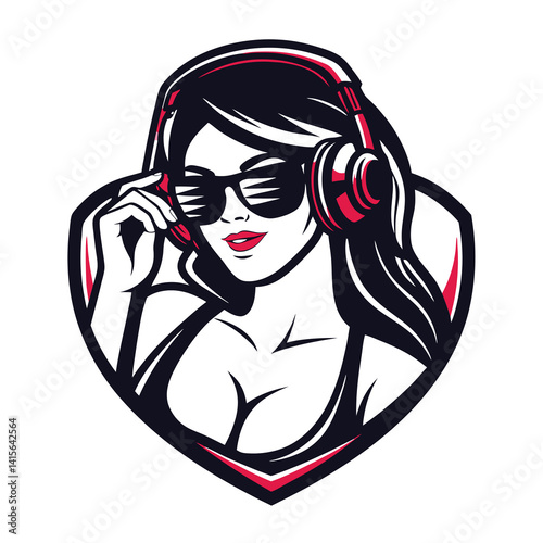 Woman with headphones and sunglasses, stylized graphic design