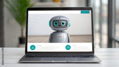 Wallpaper Mural Website Chat bot , A friendly robot character displayed on a laptop screen, showcasing a modern digital interface in a bright, minimalist environment. Torontodigital.ca
