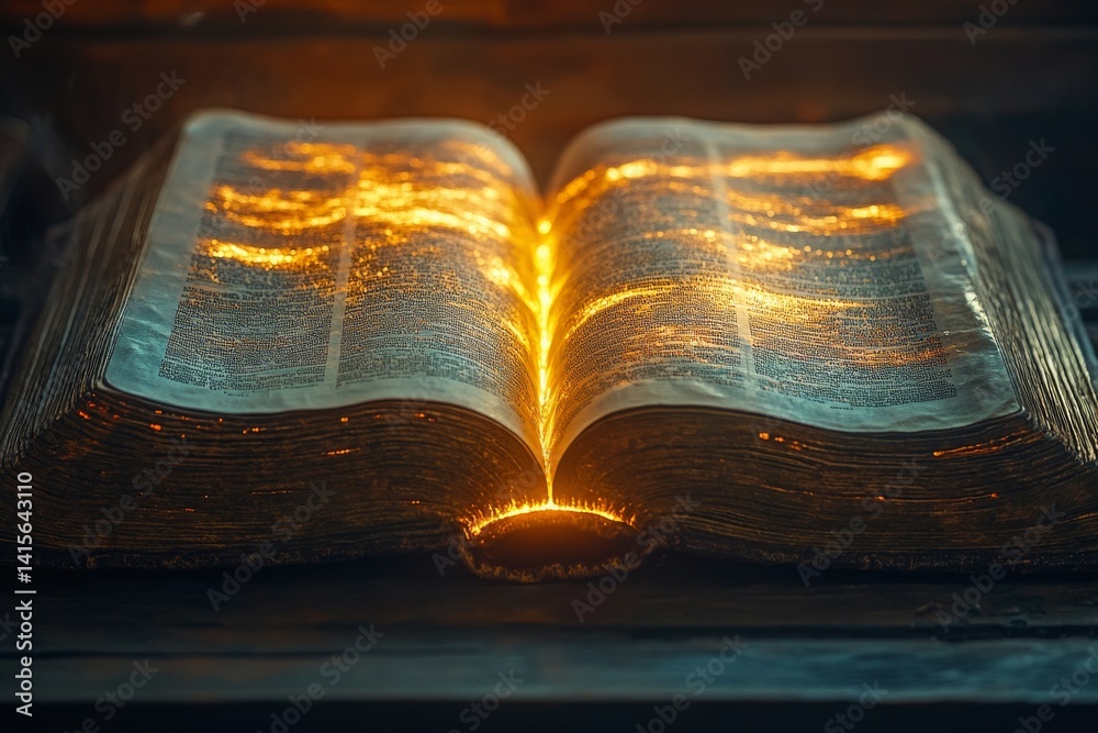 Obraz premium A Light from the Ancient Words: An Open Book Radiating Easter Hope and Divine Knowledge on a Wooden Surface, Inspiring Renewal.