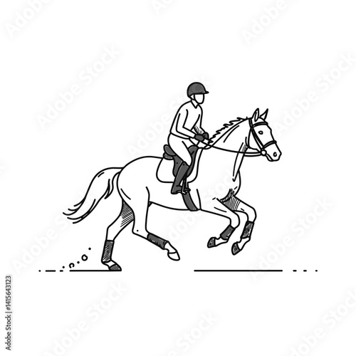 Equestrian rider galloping on horse in motion against simple background  
